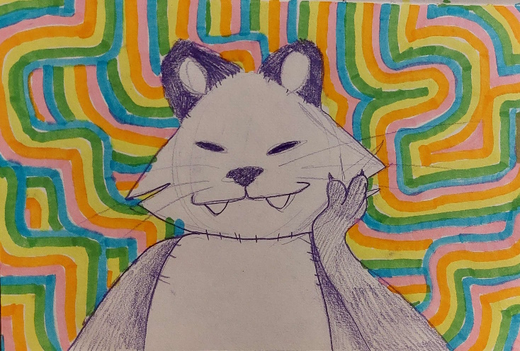 a drawing of an otter with colours behind it.